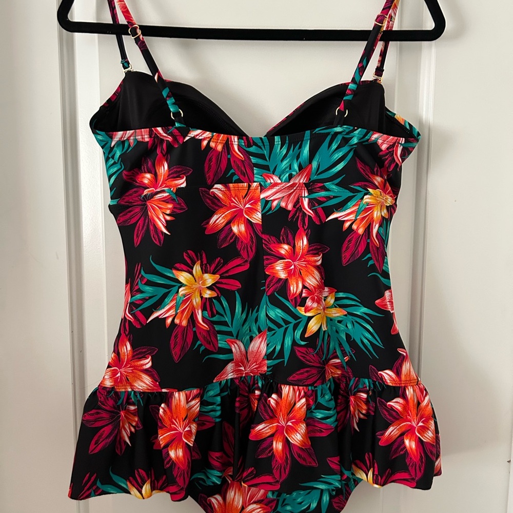 Tropical Escape Black One-Piece Swimsuit with Pink, Red and Yellow Floral Print - Picture 3 of 11